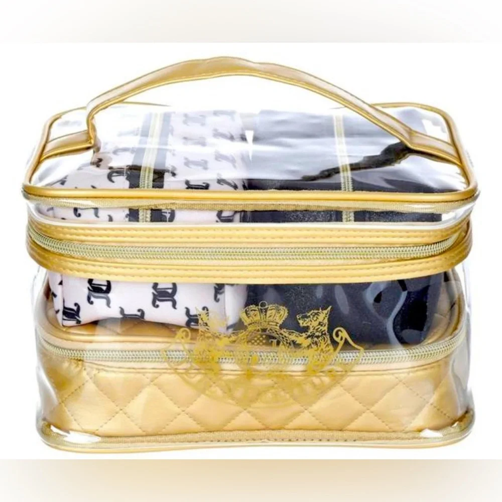 NWT Juicy Couture Gold & Black Cosmetic Bag Set PLUS Travel Toiletry Bottle NEW
